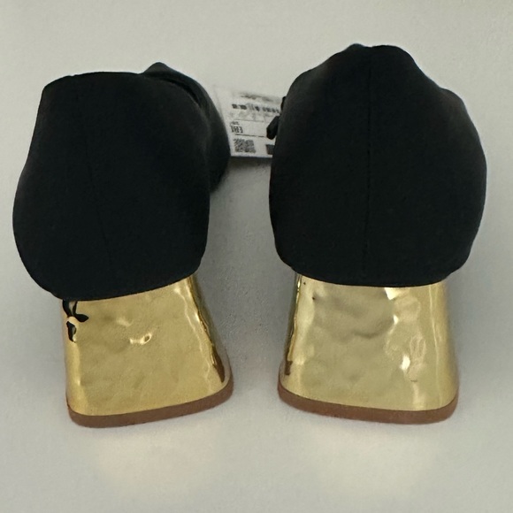 Zara Black Satin Heels With Metallic Gold Block Heel - Picture 6 of 11